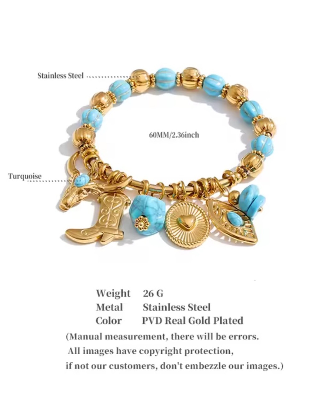 Western Gold Charms Blue Bracelet - Picture 4 of 6